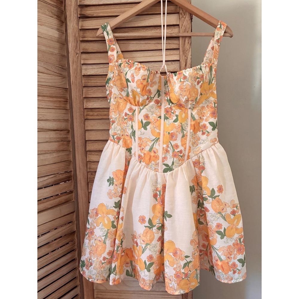 MABLE Floral Corset Femme Mini Dress Orange Yellow Lace Up Back Large NEW